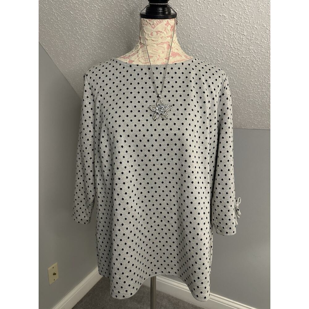 TALBOTS Petite 2XP Gray Black Polka Dot Top Bow Trim 3/4 Sleeve + Necklace
